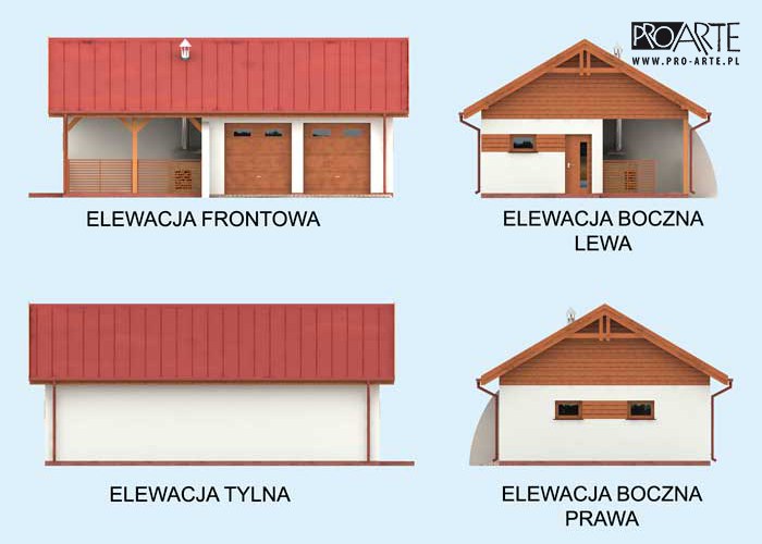 G314 szkielet drewniany garaż dwustanowiskowy z pomieszczeniem gospodarczym i werandą