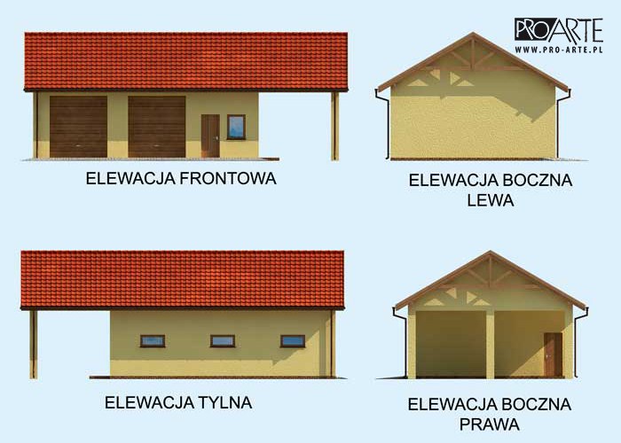 G210 garaż dwustanowiskowy z pomieszczeniami gospodarczymi i wiatą