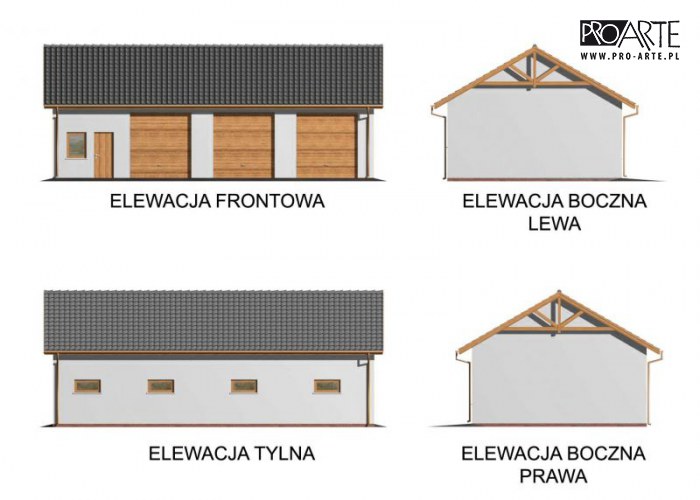 G38 szkielet drewniany, garaż trzystanowiskowy z pomieszczeniami gospodarczymi