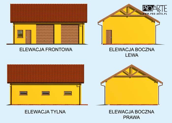 G197 szkielet drewniany projekt garażu dwustanowiskowego z pomieszczeniami gospodarczymi