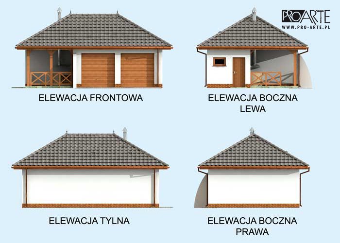 G255 garaż dwustanowiskowy z pomieszczeniem gospodarczym i altaną szkielet drewniany